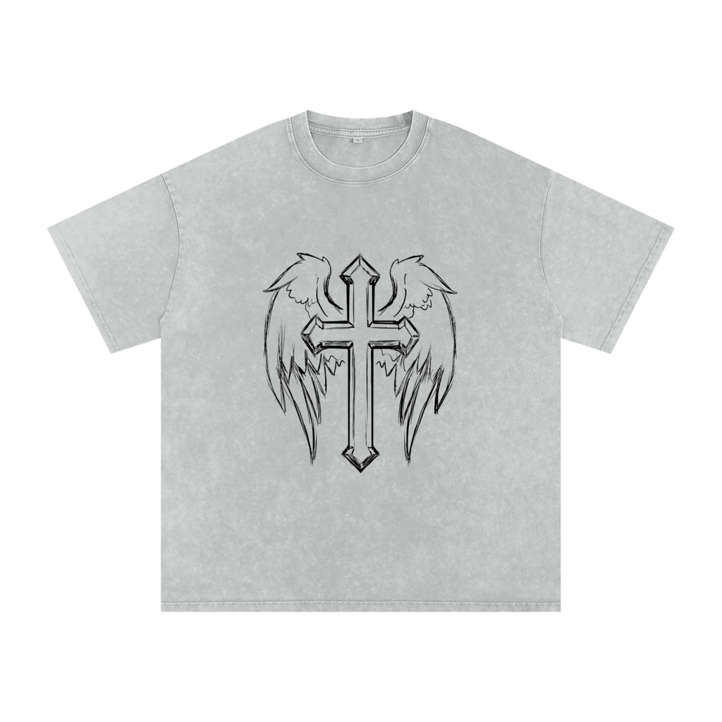 Snow Washed Cross Oversized Cotton T-Shirt