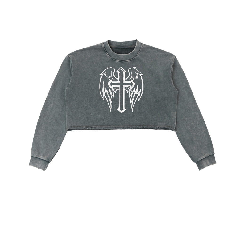 Snow Washed Cross Raw Edge Cropped Sweatshirt