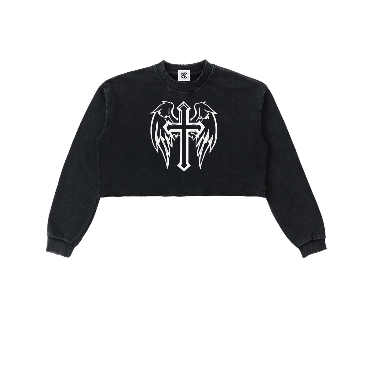 Snow Washed Cross Raw Edge Cropped Sweatshirt