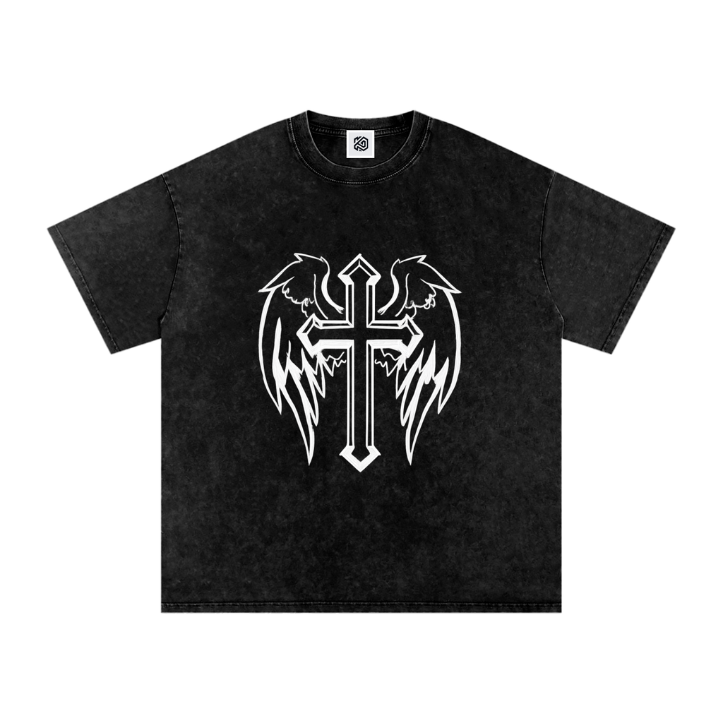 Black Snow Washed Cross Oversized Cotton T-Shirt