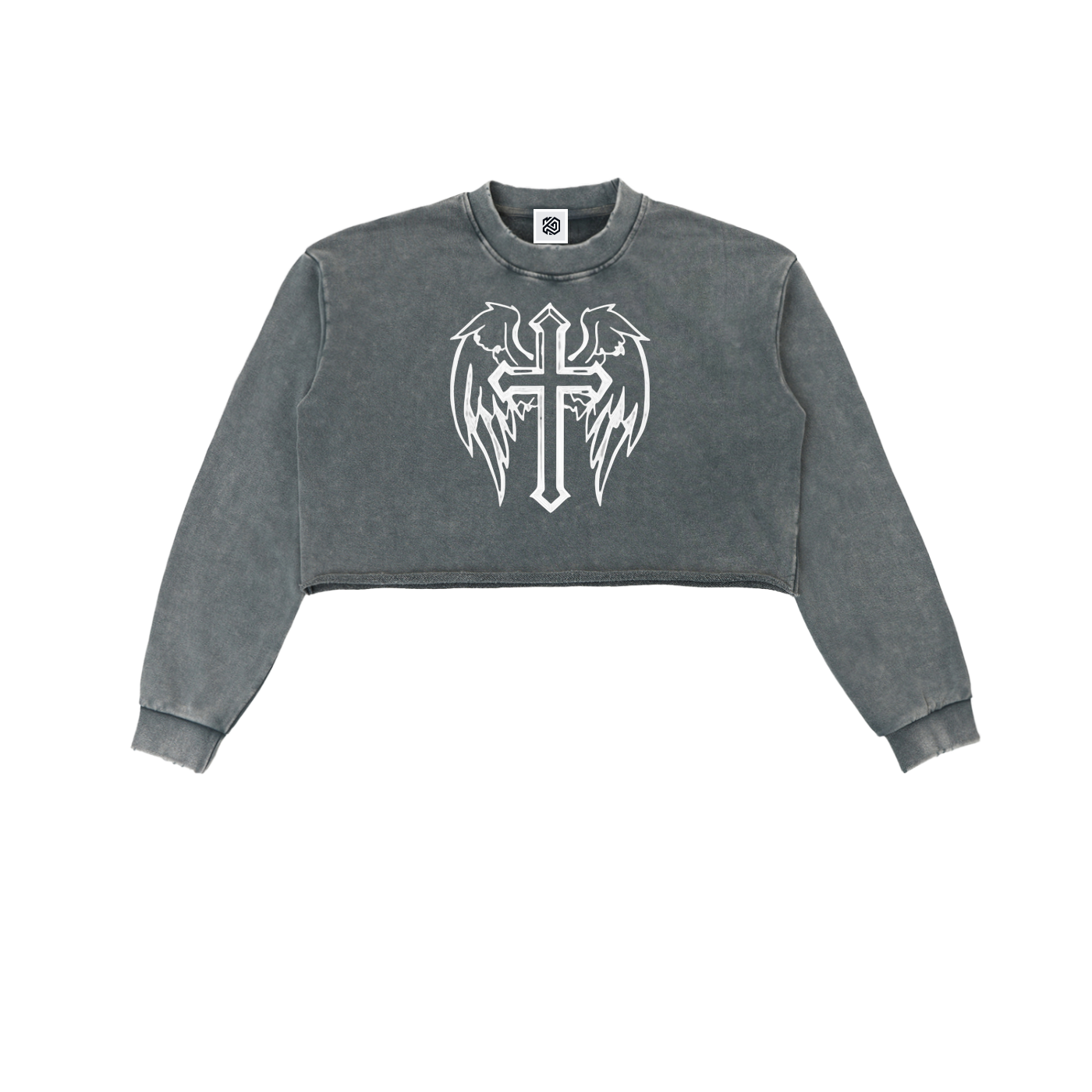 Snow Washed Cross Raw Edge Cropped Sweatshirt