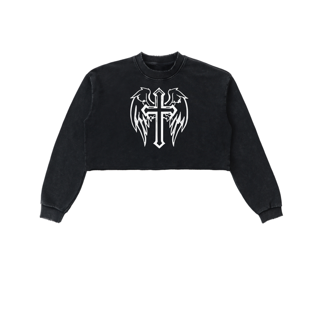 Snow Washed Cross Raw Edge Cropped Sweatshirt