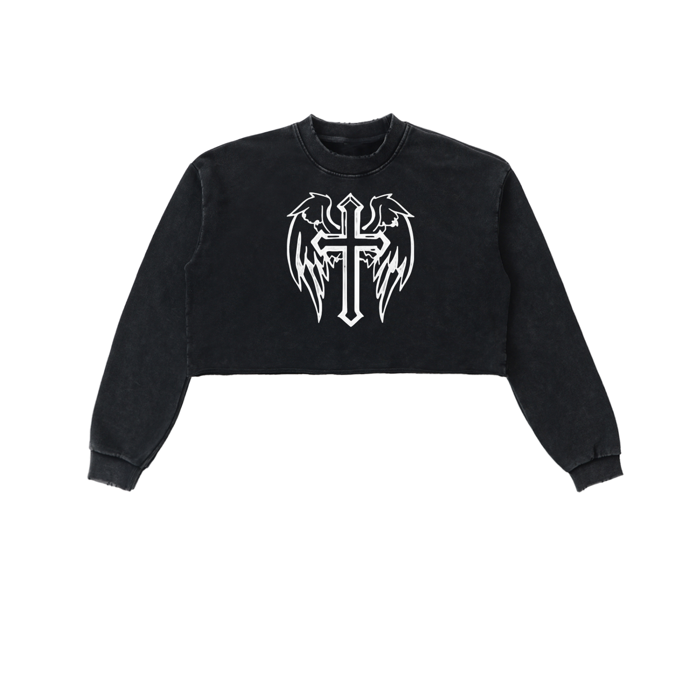 Snow Washed Cross Raw Edge Cropped Sweatshirt